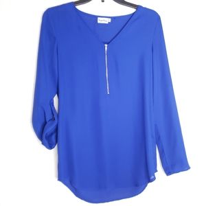 Royal Blue Zipper Front Roll-Sleeve Blouse